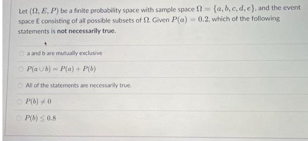 Let (N, E, P) be a finite probability space with sample space = {a,b, c, d, e}, and the event
space E consisting of all possible subsets of . Given P(a) = 0.2, which of the following
statements is not necessarily true.
-
a and b are mutually exclusive
P(a Ub) = P(a) + P(b)
All of the statements are necessarily true.
ⒸP(b) / 0
ⒸP(b) ≤0.8