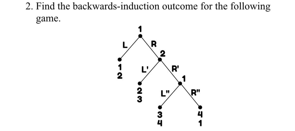 2. Find the backwards-induction outcome for the following
game.
612
L
1
L'
623
R
2
L"
631
4
R'
R"
1