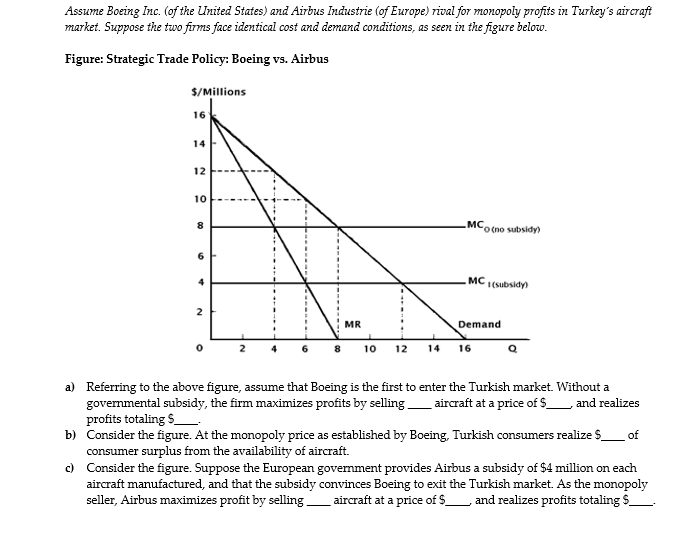 Assume Boeing Inc. (of the United States) and Airbus Industrie (of Europe) rival for monopoly profits in Turkey's aircraft
market. Suppose the two firms face identical cost and demand conditions, as seen in the figure below.
Figure: Strategic Trade Policy: Boeing vs. Airbus
$/Millions
16
14
12
10
8
MCo(no subsidy
6.
MC
I(subsidy)
MR
Demand
8
10
12
14
16
a) Referring to the above figure, assume that Boeing is the first to enter the Turkish market. Without a
govemmental subsidy, the firm maximizes profits by selling aircraft at a price of $ and realizes
profits totaling $_
b) Consider the figure. At the monopoly price as established by Boeing, Turkish consumers realize $
of
consumer surplus from the availability of aircraft.
) Consider the figure. Suppose the European government provides Airbus a subsidy of $4 million on each
aircraft manufactured, and that the subsidy convinces Boeing to exit the Turkish market. As the monopoly
seller, Airbus maximizes profit by selling_ aircraft at a price of $ and realizes profits totaling $_
