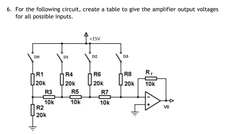 6. For the following circuit, create a table to give the amplifier output voltages
for all possible inputs.
+15V
DO
D1
D2
D3
R1
R4
R6
R8
R,
|20k
|20k
20k
20k
10k
R3
R5
R7
10k
10k
R2
10k
vo
| 20k
