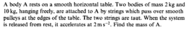 A body A rests on a smooth horizontal tabie. Two bodies of mass 2 kg and
10 kg, hanging freely, are attached to A by strings which pass over smooth
pulleys at the edges of the table. The two strings are taut. When the system
is released from rest, it accelerates at 2 ms-, Find the mass of A.
