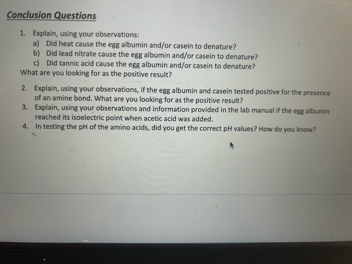 Conclusion Questions
1. Explain, using your observations:
a) Did heat cause the egg albumin and/or casein to denature?
b) Did lead nitrate cause the egg albumin and/or casein to denature?
c) Did tannic acid cause the egg albumin and/or casein to denature?
What are you looking for as the positive result?
2. Explain, using your observations, if the egg albumin and casein tested positive for the presence
of an amine bond. What are you looking for as the positive result?
3. Explain, using your observations and information provided in the lab manual if the egg albumin
reached its isoelectric point when acetic acid was added.
4. In testing the pH of the amino acids, did you get the correct pH values? How do you know?