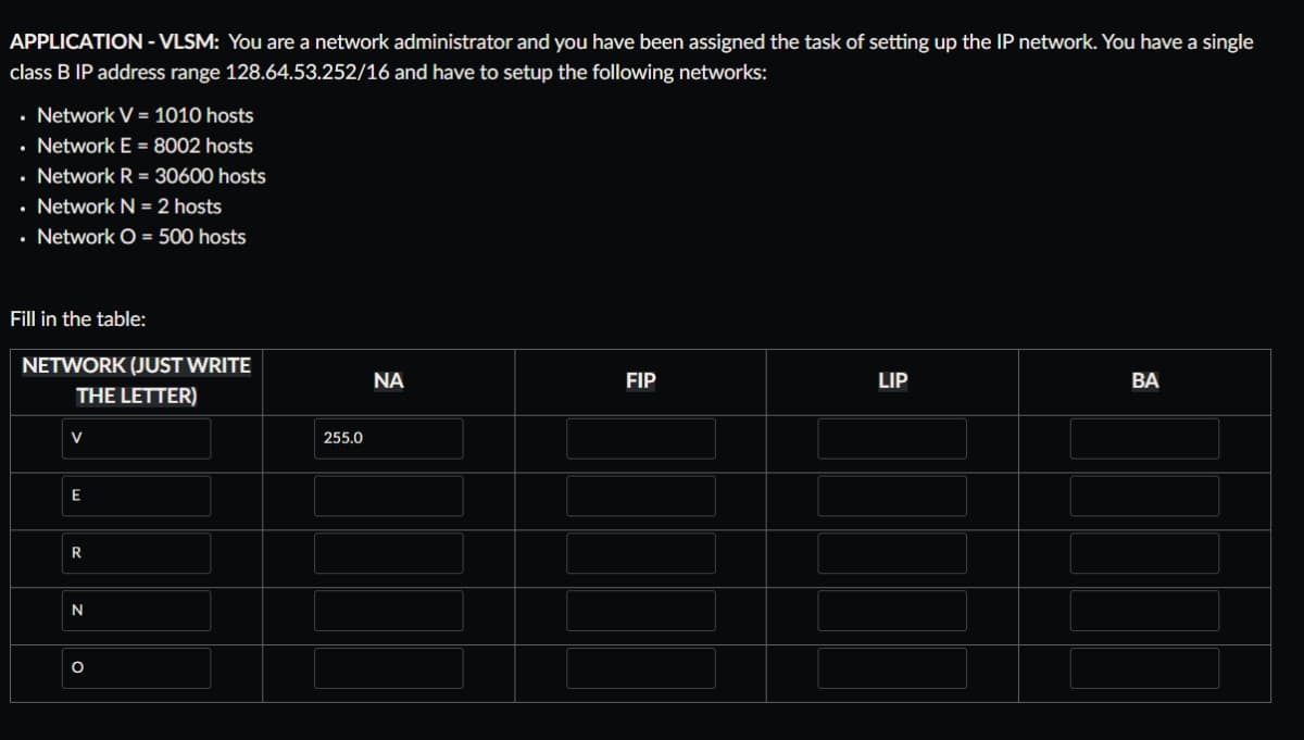 APPLICATION - VLSM: You are a network administrator and you have been assigned the task of setting up the IP network. You have a single
class B IP address range 128.64.53.252/16 and have to setup the following networks:
• Network V = 1010 hosts
• Network E= 8002 hosts
Network R = 30600 hosts
• Network N = 2 hosts
• Network O = 500 hosts
Fill in the table:
NETWORK (JUST WRITE
THE LETTER)
V
E
R
N
O
255.0
ΝΑ
FIP
LIP
BA