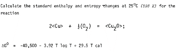 Calculate the standard enthalpy and entropy thanges at 25°C (298 K) for the
reaction
2<Cu> +
!(0,)
<Cu,0>;
AG°
= -40,500 - 3.92 T log T + 29.5 T cal
