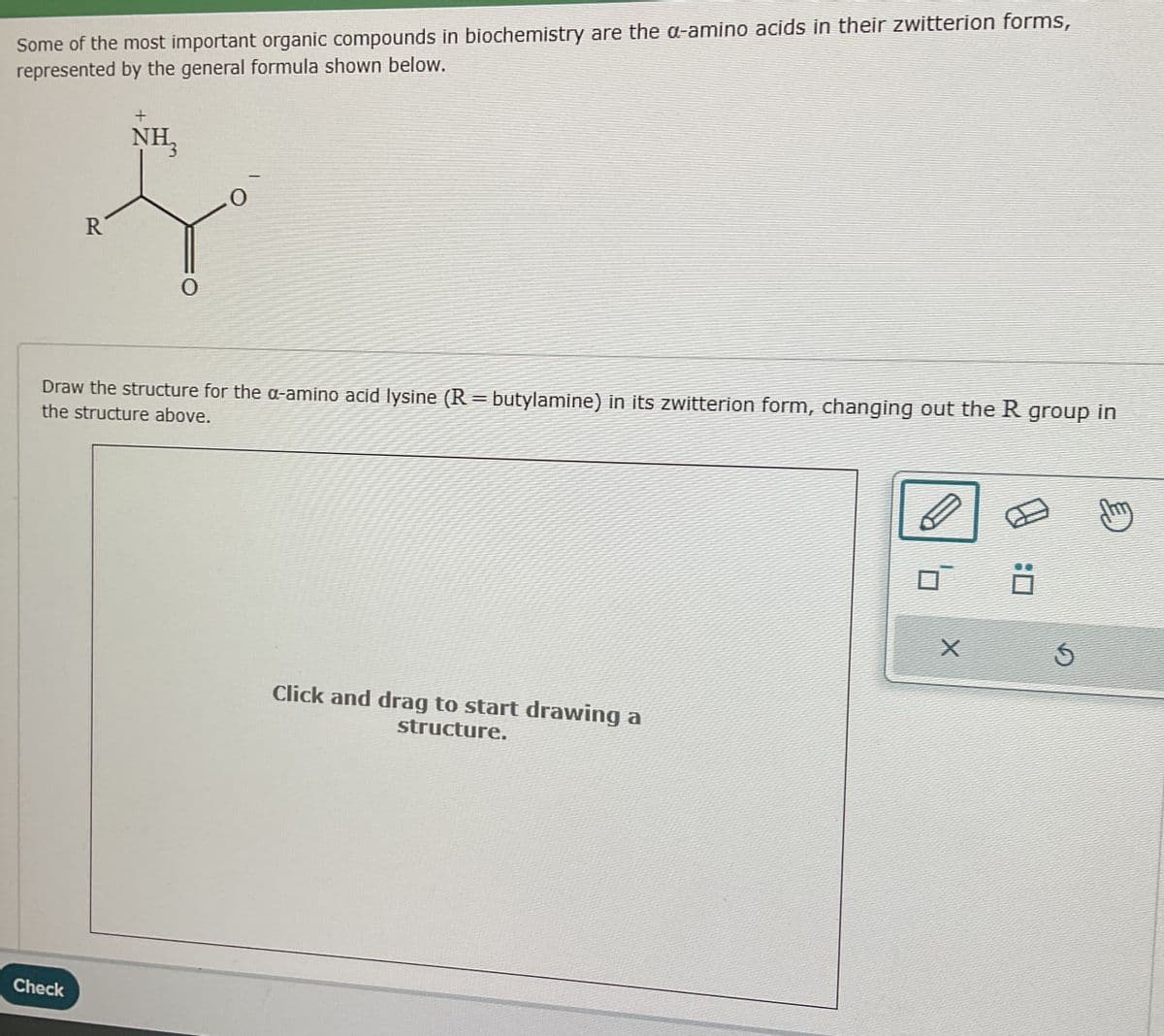 Some of the most important organic compounds in biochemistry are the a-amino acids in their zwitterion forms,
represented by the general formula shown below.
NH₂
R
0
Draw the structure for the a-amino acid lysine (R = butylamine) in its zwitterion form, changing out the R group in
the structure above.
Check
Click and drag to start drawing a
structure.
ப்