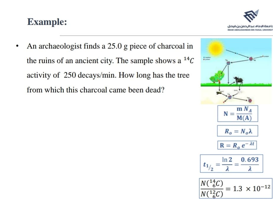 ●
Example:
An archaeologist finds a 25.0 g piece of charcoal in
the ruins of an ancient city. The sample shows a ¹4C
activity of 250 decays/min. How long has the tree
from which this charcoal came been dead?
امعة الإمام عبدالرحمن بن فيصل
M
IMAM ABDULRAHMAN BIN FAISAL UNIVERSIT
m NA
M(A)
R₁ = Noλ
R=R₁e-at
N =
N(¹4C)
N(¹2C)
In 2 0.693
=
λ
=
t1/2 λ
pas
= 1.3 x 10-12