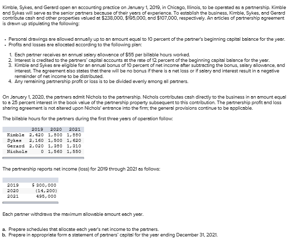 Kimble, Sykes, and Gerard open an accounting practice on January 1, 2019, in Chicago, Illinois, to be operated as a partnership. Kimble
and Sykes will serve as the senior partners because of their years of experience. To establish the business, Kimble, Sykes, and Gerard
contribute cash and other properties valued at $238,000, $195,000, and $107,000, respectively. An articles of partnership agreement
is drawn up stipulating the following:
. Personal drawings are allowed annually up to an amount equal to 10 percent of the partner's beginning capital balance for the year.
Profits and losses are allocated according to the following plan:
1. Each partner receives an annual salary allowance of $55 per billable hours worked.
2. Interest is credited to the partners' capital accounts at the rate of 12 percent of the beginning capital balance for the year.
3. Kimble and Sykes are eligible for an annual bonus of 10 percent of net income after subtracting the bonus, salary allowance, and
interest. The agreement also states that there will be no bonus if there is a net loss or if salary and interest result in a negative
remainder of net income to be distributed.
4. Any remaining partnership profit or loss is to be divided evenly among all partners.
On January 1, 2020, the partners admit Nichols to the partnership. Nichols contributes cash directly to the business in an amount equal
to a 25 percent interest in the book value of the partnership property subsequent to this contribution. The partnership profit and loss
sharing agreement is not altered upon Nichols' entrance into the firm; the general provisions continue to be applicable.
The billable hours for the partners during the first three years of operation follow:
2019 2020 2021
Kimble 2,420 1,800 1,880
Sykes 2,160 1,500 1,620
Gerard 2,020 1,380 1,310
Nichols
0 1,560 1,550
The partnership reports net income (loss) for 2019 through 2021 as follows:
2019
$ 300,000
2020
2021
(14,200)
495,000
Each partner withdraws the maximum allowable amount each year.
a. Prepare schedules that allocate each year's net income to the partners.
b. Prepare in appropriate form a statement of partners' capital for the year ending December 31, 2021.