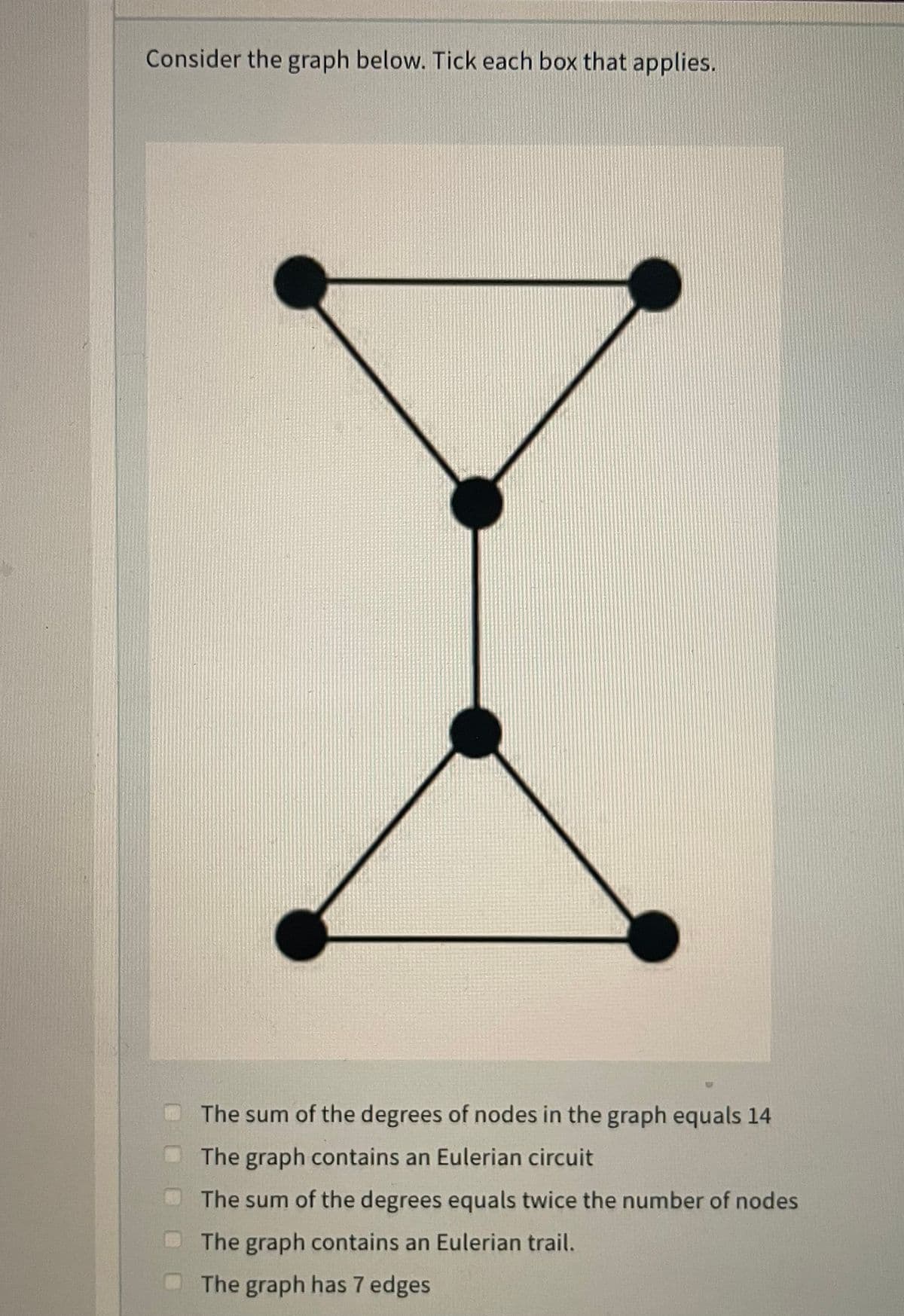 Consider the graph below. Tick each box that applies.
The sum of the degrees of nodes in the graph equals 14
The graph contains an Eulerian circuit
The sum of the degrees equals twice the number of nodes
The graph contains an Eulerian trail.
The graph has 7 edges
