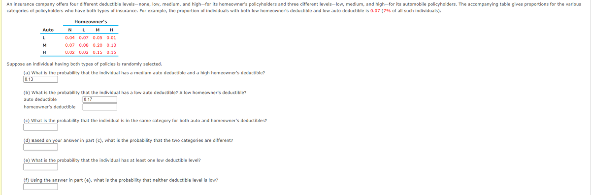 An insurance company offers four different deductible levels-none, low, medium, and high-for its homeowner's policyholders and three different levels-low, medium, and high-for its automobile policyholders. The accompanying table gives proportions for the various
categories of policyholders who have both types of insurance. For example, the proportion of individuals with both low homeowner's deductible and low auto deductible is 0.07 (7% of all such individuals).
Homeowner's
H
N L M
0.04 0.07 0.05 0.01
0.07 0.08 0.20 0.13
0.02 0.03 0.15 0.15
Auto
L
M
H
Suppose an individual having both types of policies is randomly selected.
(a) What is the probability that the individual has a medium auto deductible and a high homeowner's deductible?
0.13
(b) What is the probability that the individual has a low auto deductible? A low homeowner's deductible?
auto deductible
0.17
homeowner's deductible
(c) What is the probability that the individual is in the same category for both auto and homeowner's deductibles?
(d) Based on your answer in part (c), what is the probability that the two categories are different?
(e) What is the probability that the individual has at least one low deductible level?
(f) Using the answer in part (e), what is the probability that neither deductible level is low?