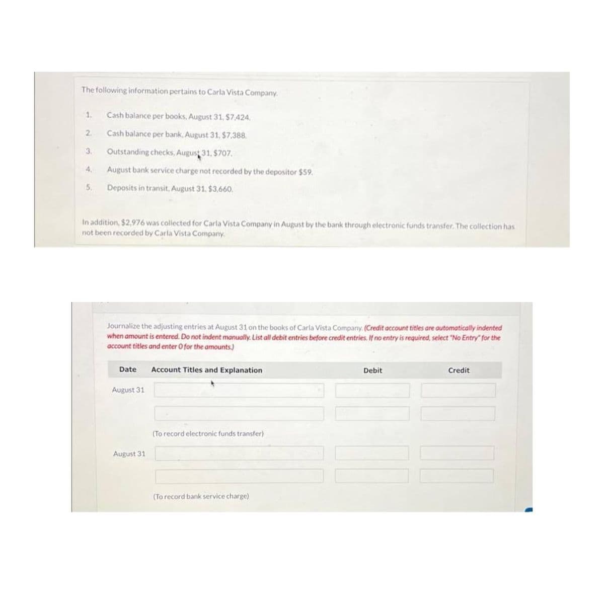 The following information pertains to Carla Vista Company.
1.
2
3.
4.
5.
Cash balance per books, August 31, $7,424.
Cash balance per bank, August 31, $7,388.
Outstanding checks, August 31, $707.
August bank service charge not recorded by the depositor $59.
Deposits in transit, August 31, $3,660.
In addition, $2,976 was collected for Carla Vista Company in August by the bank through electronic funds transfer. The collection has
not been recorded by Carla Vista Company.
Journalize the adjusting entries at August 31 on the books of Carla Vista Company. (Credit account titles are automatically indented
when amount is entered. Do not indent manually. List all debit entries before credit entries. If no entry is required, select "No Entry" for the
account titles and enter O for the amounts.)
Date Account Titles and Explanation
August 31
August 31
(To record electronic funds transfer)
(To record bank service charge)
Debit
Credit
000
IN