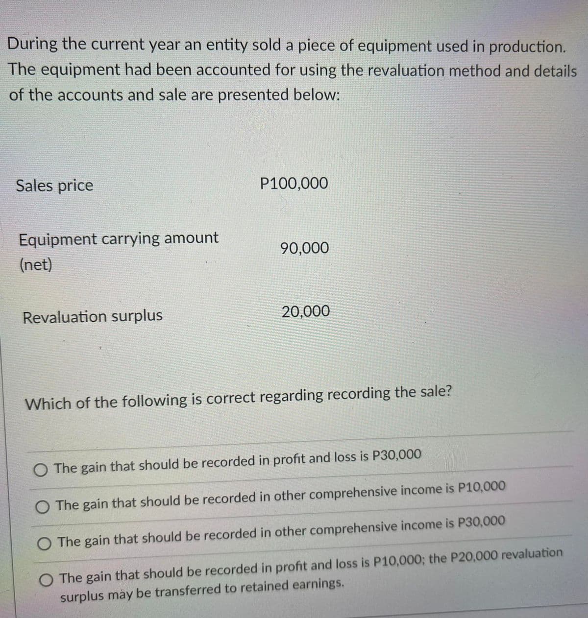 During the current year an entity sold a piece of equipment used in production.
The equipment had been accounted for using the revaluation method and details
of the accounts and sale are presented below:
Sales price
P100,000
Equipment carrying amount
(net)
90,000
Revaluation surplus
20,000
Which of the following is correct regarding recording the sale?
O The gain that should be recorded in profit and loss is P30,000
O The gain that should be recorded in other comprehensive income is P10,000
O The gain that should be recorded in other comprehensive income is P30,000
O The gain that should be recorded in profit and loss is P10,000; the P20,000 revaluation
surplus may be transferred to retained earnings.
