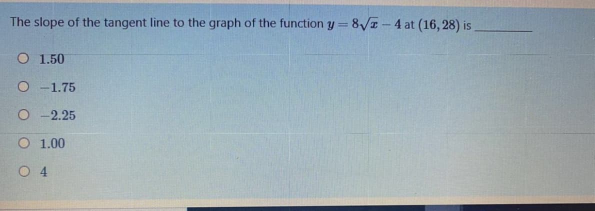 The slope of the tangent line to the graph of the function y= 8/ - 4 at (16, 28) is
O 1.50
O -1.75
O -2.25
O 1.00
O 4
