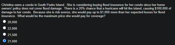 Christina owns a condo in South Padre Island. She is considering buying flood insurance for her condo since her home
owners' policy does not cover flood damage. There is a 20% chance that a hurricane will hit the island, causing $100,000 of
damage to her condo. Because she is risk averse, she would pay up to $1,000 more than her expected losses for flood
insurance. What would be the maximum price she would pay for coverage?
20,000
22,000
21,500
O 21,000
