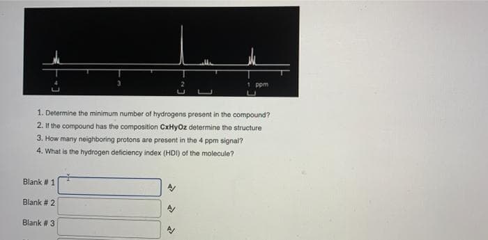 1 ppm
1. Determine the minimum number of hydrogens present in the compound?
2. If the compound has the composition CxHyOz determine the structure
3. How many neighboring protons are prosent in the 4 ppm signal?
4. What is the hydrogen deficiency index (HDI) of the molecule?
Blank # 1
Blank # 2
Blank # 3
