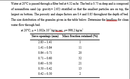 Water at 20°C is passed through a filter bed at 4.32 m/hr. The bed is 0.75 m deep and is composed
of nonuniform sand (sp. gravity= 2.65) stratified so that the smallest particles are on top, the
largest on bottom. The porosity and shape factors are 0.4 and 0.85 throughout the depth of bed.
The size distribution of the granules given in the table below. Determine the headloss for clean
water flow through bed.
at 20°C; μ = 1.002x 10³ kg/m.sec. p=998.2 kg/m³
Sieve openings (mm) Mass fraction retained (%)
2.83-1.41
1.41-0.84
0.84-0.71
0.71 -0.60
0.60-0.50
0.50 -0.42
0.42-0.30
1
11
20
32
21
13
2