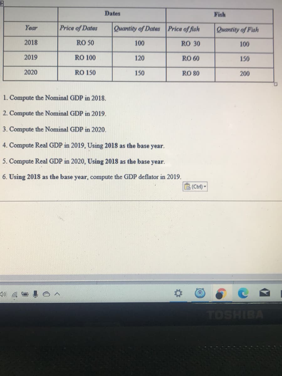 Dates
Fish
Year
Price of Dates
Quantity of Dates Price of fish
Quantity of Fish
2018
RO 50
100
RO 30
100
2019
RO 100
120
RO 60
150
2020
RO 150
150
RO 80
200
1. Compute the Nominal GDP in 2018.
2. Compute the Nominal GDP in 2019.
3. Compute the Nominal GDP in 2020.
4. Compute Real GDP in 2019, Using 2018 as the base year.
5. Compute Real GDP in 2020, Using 2018 as the base year.
6. Using 2018 as the base year, compute the GDP deflator in 2019.
(Ctrl) -
TOSHIBA
