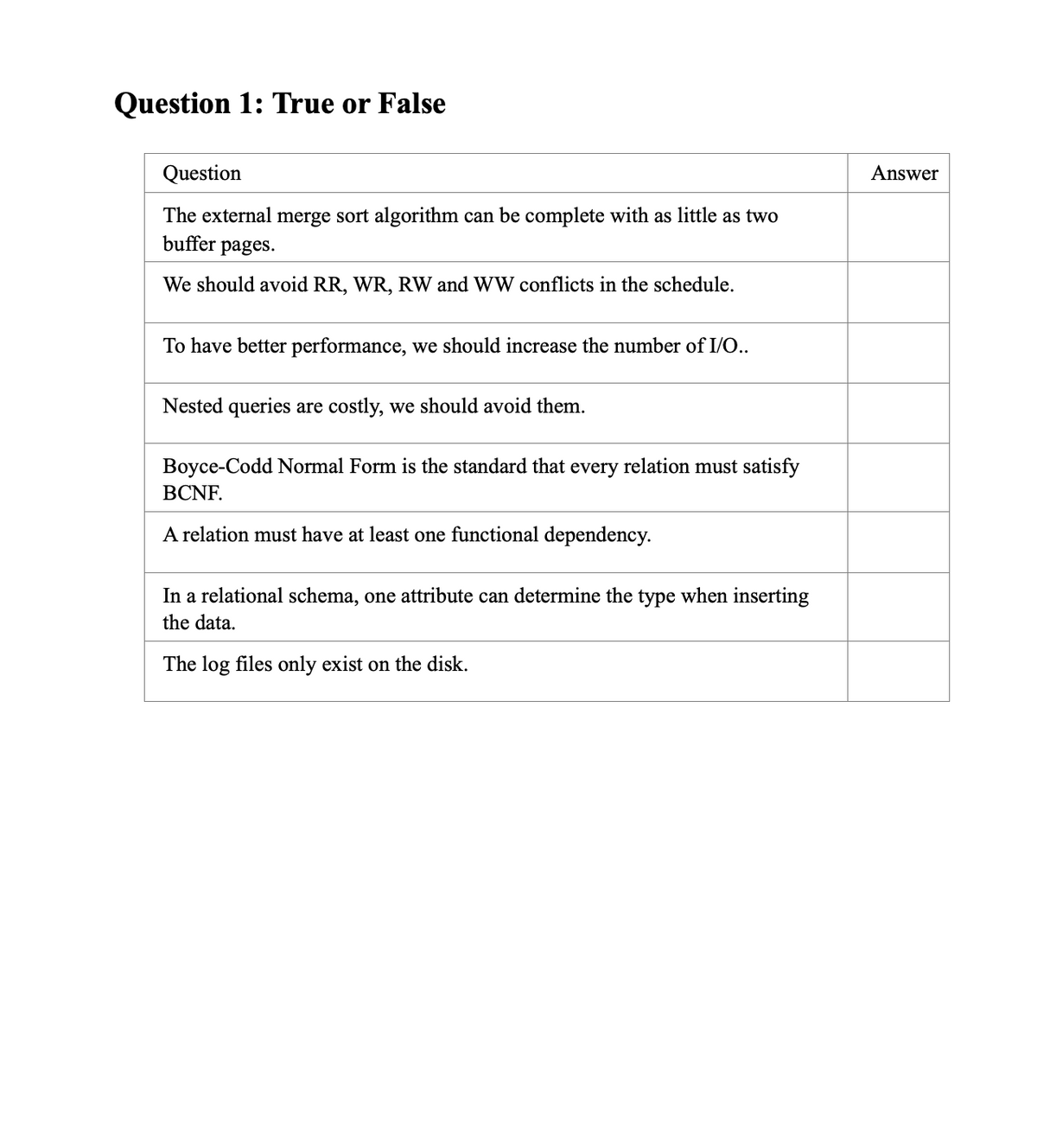 Question 1: True or False
Question
Answer
The external merge sort algorithm can be complete with as little as two
buffer pages.
We should avoid RR, WR, RW and WW conflicts in the schedule.
To have better performance, we should increase the number of I/O..
Nested queries are costly, we should avoid them.
Boyce-Codd Normal Form is the standard that every relation must satisfy
BCNF.
A relation must have at least one functional dependency.
In a relational schema, one attribute can determine the type when inserting
the data.
The log files only exist on the disk.
