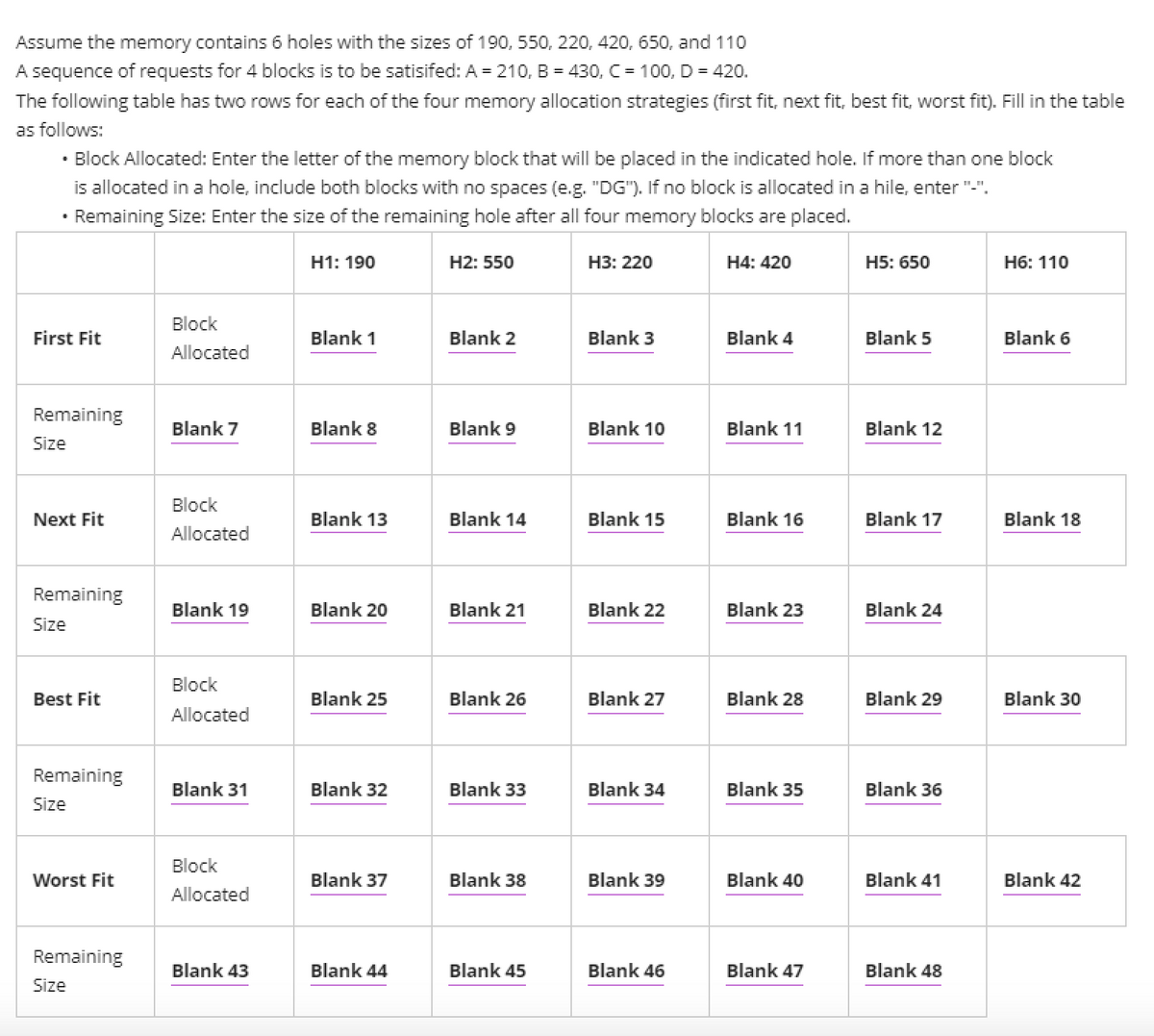 Assume the memory contains 6 holes with the sizes of 190, 550, 220, 420, 650, and 110
A sequence of requests for 4 blocks is to be satisifed: A = 210, B = 430, C = 100, D = 420.
The following table has two rows for each of the four memory allocation strategies (first fit, next fit, best fit, worst fit). Fill in the table
as follows:
Block Allocated: Enter the letter of the memory block that will be placed in the indicated hole. If more than one block
is allocated in a hole, include both blocks with no spaces (e.g. "DG"). If no block is allocated in a hile, enter "-".
• Remaining Size: Enter the size of the remaining hole after all four memory blocks are placed.
H1: 190
H2: 550
H3: 220
H4: 420
H5: 650
H6: 110
Block
First Fit
Blank 1
Blank 2
Blank 3
Blank 4
Blank 5
Blank 6
Allocated
Remaining
Blank 7
Blank 8
Blank 9
Blank 10
Blank 11
Blank 12
Size
Block
Next Fit
Blank 13
Blank 14
Blank 15
Blank 16
Blank 17
Blank 18
Allocated
Remaining
Blank 19
Blank 20
Blank 21
Blank 22
Blank 23
Blank 24
Size
Block
Best Fit
Blank 25
Blank 26
Blank 27
Blank 28
Blank 29
Blank 30
Allocated
Remaining
Blank 31
Blank 32
Blank 33
Blank 34
Blank 35
Blank 36
Size
Block
Worst Fit
Blank 37
Blank 38
Blank 39
Blank 40
Blank 41
Blank 42
Allocated
Remaining
Blank 43
Blank 44
Blank 45
Blank 46
Blank 47
Blank 48
Size
