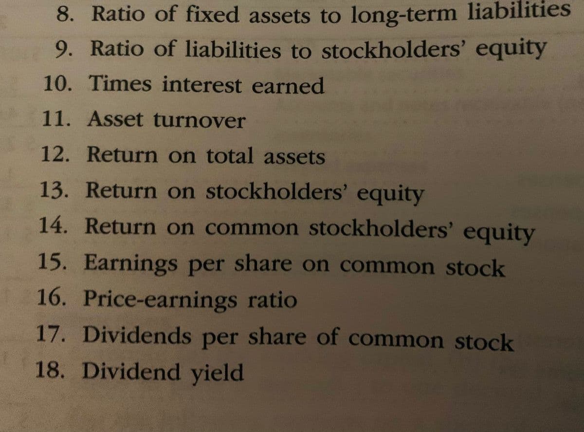 8. Ratio of fixed assets to long-term liabilities
9. Ratio of liabilities to stockholders' equity
10. Times interest earned
11. Asset turnover
12. Return on total assets
13. Return on stockholders' equity
14. Return on common stockholders'
equity
15. Earnings per share on common stock
16. Price-earnings ratio
17. Dividends per share of common stock
18. Dividend yield
