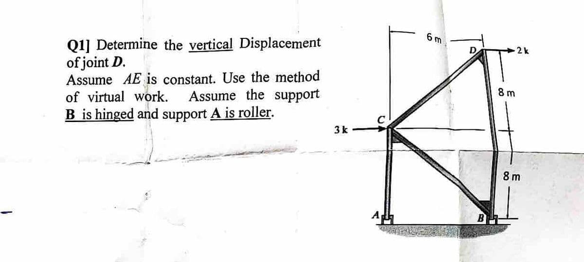 Q1] Determine the vertical Displacement
of joint D.
Assume AE is constant. Use the method
of virtual work. Assume the support
B is hinged and support A is roller.
3 k
AL
6 m
D
2 k
8 m
8m