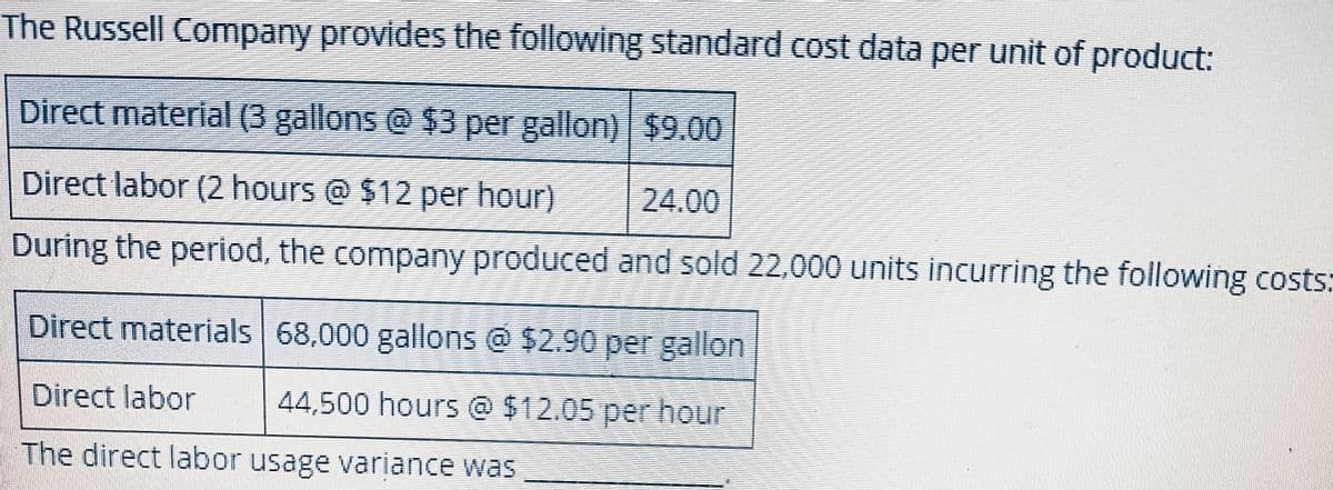 The Russell Company provides the following standard cost data per unit of product:
Direct material (3 gallons @ $3 per gallon) $9.00
Direct labor (2 hours @ $12 per hour)
24.00
During the period, the company produced and sold 22.000 units incurring the following costs:
Direct materials
Direct labor
The direct labor usage variance was
68,000 gallons @ $2.90 per gallon
44,500 hours @ $12.05 per hour