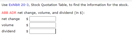 Use Exhibit 20-3, Stock Quotation Table, to find the information for the stock.
ABB ADR net change, volume, and dividend (in $):
net change $
$
$
volume
dividend
69