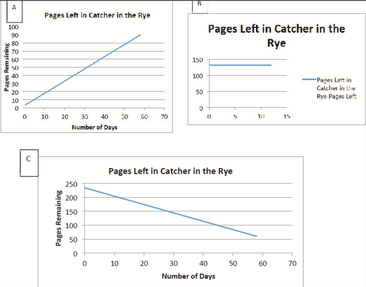 A
Pages Left in Catcher in the Rye
Pages Left in Catcher in the
Rye
100
90
80
70
60
150
100
Pages Lett in
Calclier in the
30
20
50
Rye Pages Left
10
10
20
30
40
50
GO
70
10
15
Number of Days
C
Pages Left in Catcher in the Rye
250
200
150
100
50
10
20
30
40
50
60
70
Number of Days
Pages Remaining
Pages Remaining
