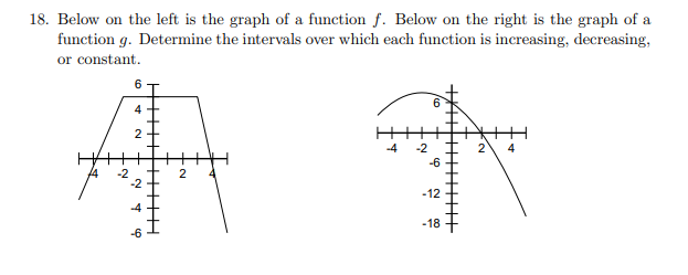 18. Below on the left is the graph of a function f. Below on the right is the graph of a
function g. Determine the intervals over which each function is increasing, decreasing,
or constant.
6
4
2
A
-2
2
-4
-6
-4
-2
6
-6
-12
-18
2
4