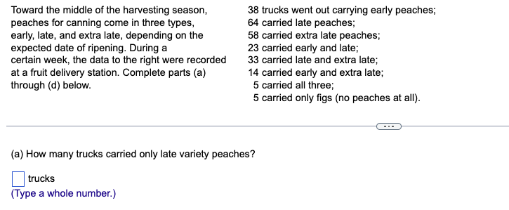 Toward the middle of the harvesting season,
peaches for canning come in three types,
early, late, and extra late, depending on the
expected date of ripening. During a
certain week, the data to the right were recorded
at a fruit delivery station. Complete parts (a)
through (d) below.
38 trucks went out carrying early peaches;
64 carried late peaches;
58 carried extra late peaches;
23 carried early and late;
33 carried late and extra late;
14 carried early and extra late;
5 carried all three;
5 carried only figs (no peaches at all).
(a) How many trucks carried only late variety peaches?
trucks
(Type a whole number.)