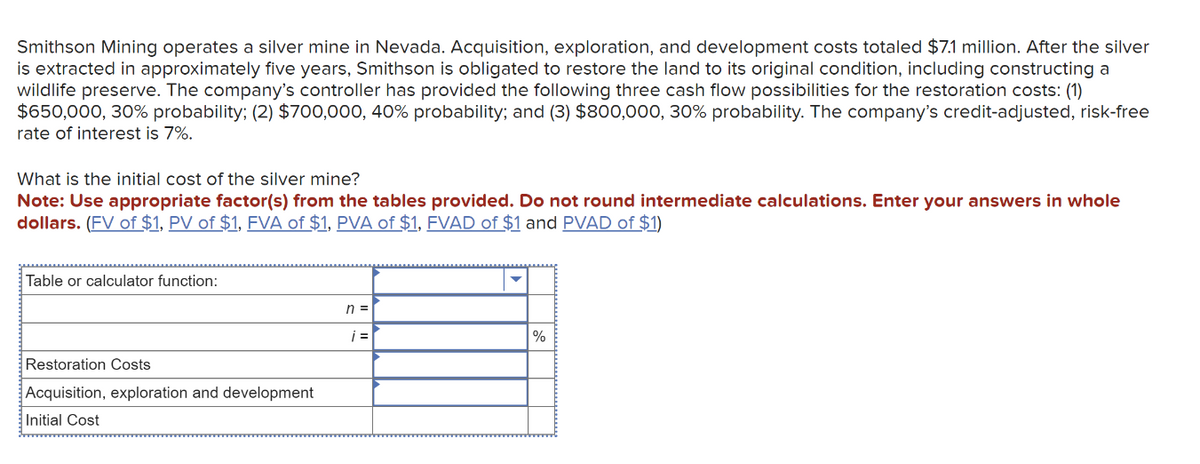 Smithson Mining operates a silver mine in Nevada. Acquisition, exploration, and development costs totaled $7.1 million. After the silver
is extracted in approximately five years, Smithson is obligated to restore the land to its original condition, including constructing a
wildlife preserve. The company's controller has provided the following three cash flow possibilities for the restoration costs: (1)
$650,000, 30% probability; (2) $700,000, 40% probability; and (3) $800,000, 30% probability. The company's credit-adjusted, risk-free
rate of interest is 7%.
What is the initial cost of the silver mine?
Note: Use appropriate factor(s) from the tables provided. Do not round intermediate calculations. Enter your answers in whole
dollars. (FV of $1, PV of $1, FVA of $1, PVA of $1, FVAD of $1 and PVAD of $1)
Table or calculator function:
Restoration Costs
Acquisition, exploration and development
Initial Cost
n =
i=
%