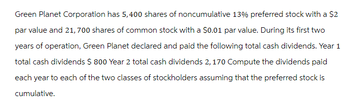 Green Planet Corporation has 5,400 shares of noncumulative 13% preferred stock with a $2
par value and 21, 700 shares of common stock with a $0.01 par value. During its first two
years of operation, Green Planet declared and paid the following total cash dividends. Year 1
total cash dividends $ 800 Year 2 total cash dividends 2,170 Compute the dividends paid
each year to each of the two classes of stockholders assuming that the preferred stock is
cumulative.