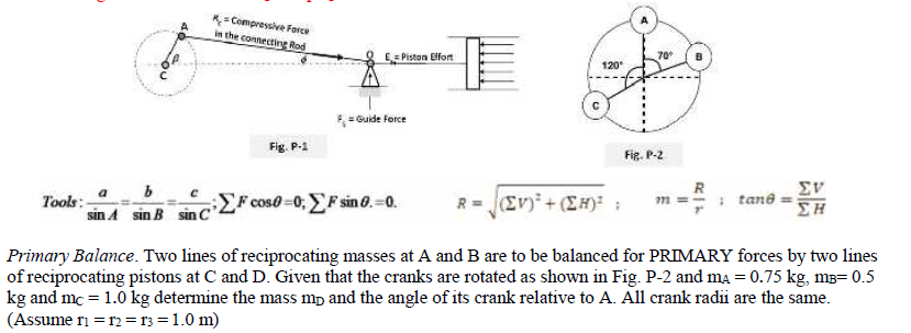 K= Compressive Force
in the connecting Rod
EE Piston Eifort
70
120
F= Guide Force
Fig. P-1
Fig. P-2
Tools:
sin A sin B sin c
cose =0; EF sin 0.=0.
R
: tand =
ΣΗ
Primary Balance. Two lines of reciprocating masses at A and B are to be balanced for PRIMARY forces by two lines
of reciprocating pistons at C and D. Given that the cranks are rotated as shown in Fig. P-2 and ma = 0.75 kg, mB= 0.5
kg and mc = 1.0 kg determine the mass mp and the angle of its crank relative to A. All crank radii are the same.
(Assume ri = r2 =r3=1.0 m)
