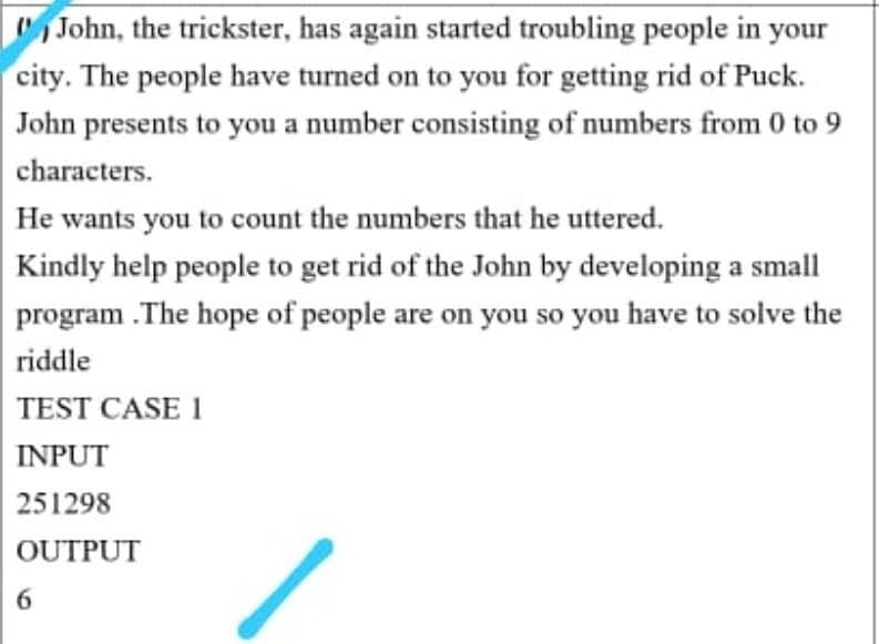 John, the trickster, has again started troubling people in your
city. The people have turned on to you for getting rid of Puck.
John presents to you a number consisting of numbers from 0 to 9
characters.
He wants you to count the numbers that he uttered.
Kindly help people to get rid of the John by developing a small
program .The hope of people are on you so you have to solve the
riddle
TEST CASE 1
INPUT
251298
OUTPUT
6.
