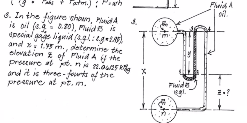 Fluid A
oil.
abs + Tatm.) :
8. In the figure whown, PluidA
is oil (s.9. = 0.80), Fluid B is
upecial gage liguid (s.g.:s.g=2A),
and x- 1.45 m., determine the
clevation z of Fluid A if the
prassure at pt. nis 22.06/25 klag
and it is three - fourts of the
pressure at pt.m.
3.
%3D
Fluide)
sgl.
Z :?
