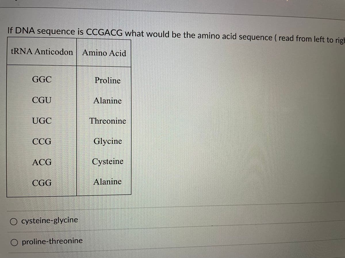 If DNA sequence is CCGACG what would be the amino acid sequence ( read from left to righ
TRNA Anticodon Amino Acid
GGC
Proline
CGU
Alanine
UGC
Threonine
CCG
Glycine
ACG
Cysteine
CGG
Alanine
O cysteine-glycine
O proline-threonine
