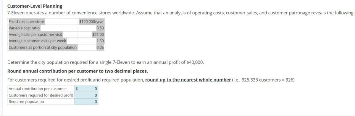 Customer-Level Planning
7-Eleven operates a number of convenience stores worldwide. Assume that an analysis of operating costs, customer sales, and customer patronage reveals the following:
$120,000/year
Fixed costs per store
Variable cost ratio
Average sale per customer visit
Average customer visits per week
Customers as portion of city population
0.80
$21.00
1.50
0.05
Determine the city population required for a single 7-Eleven to earn an annual profit of $40,000.
Round annual contribution per customer to two decimal places.
For customers required for desired profit and required population, round up to the nearest whole number (i.e., 325.333 customers = 326)
Annual contribution per customer $
Customers required for desired profit
Required population
0
0
0