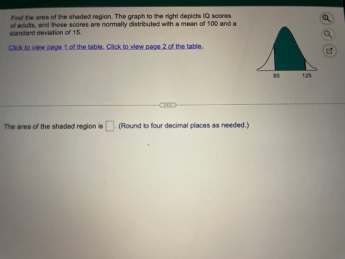 Find the area of the shaded region. The graph to the right depicts IQ scores
of adults, and those scores are normally distributed with a mean of 100 and a
standard deviation of 15.
Click to view page 1 of the table. Click to view page 2 of the table.
The area of the shaded region is. (Round to four decimal places as needed.)
85
125