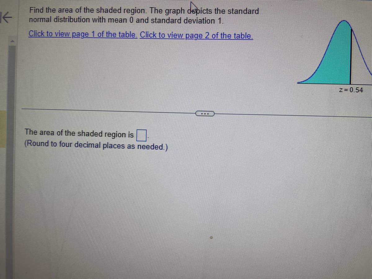 K
Find the area of the shaded region. The graph depicts the standard
normal distribution with mean 0 and standard deviation 1.
Click to view page 1 of the table. Click to view page 2 of the table.
The area of the shaded region is
(Round to four decimal places as needed.)
z=0.54