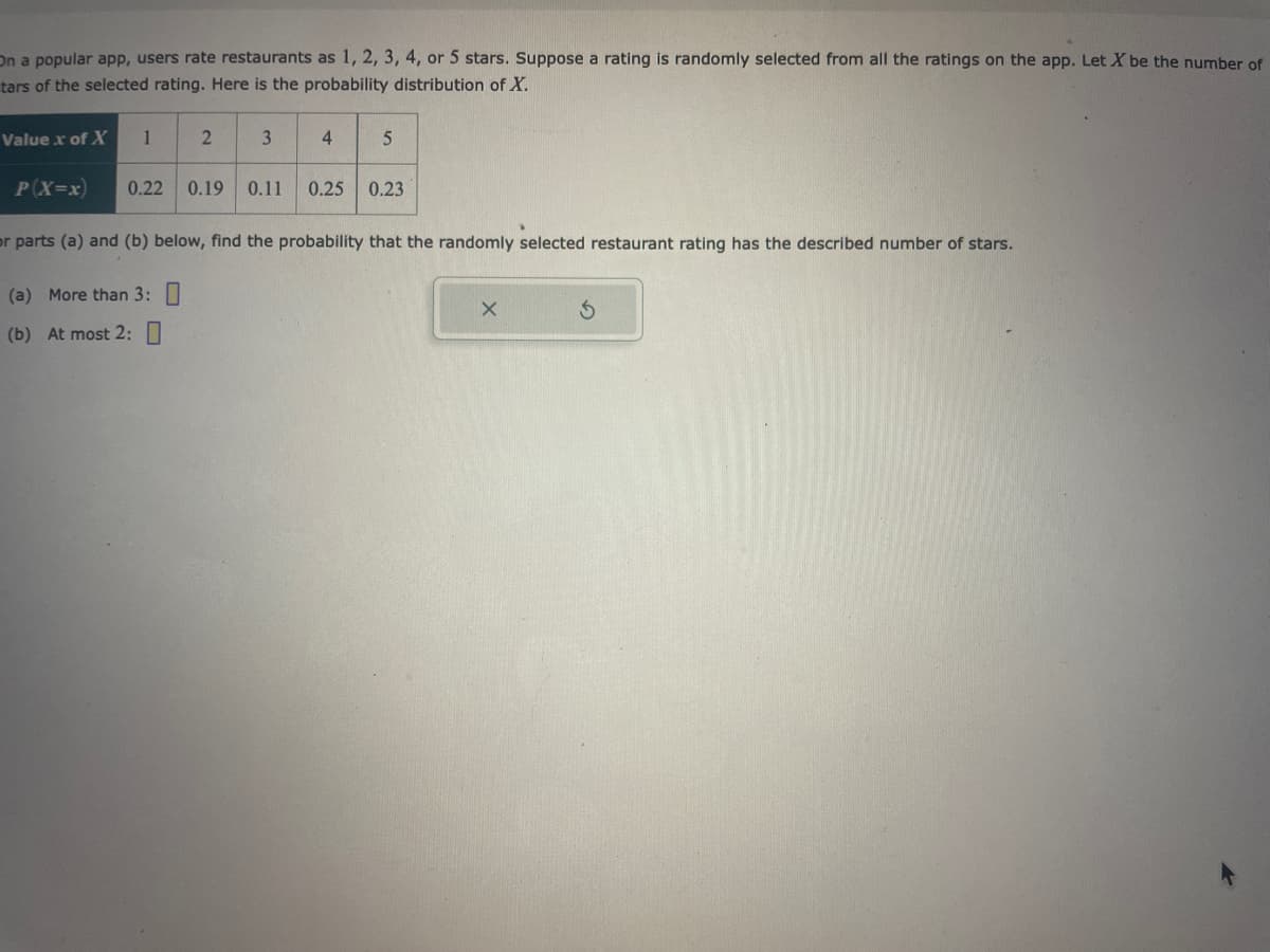 On a popular app, users rate restaurants as 1, 2, 3, 4, or 5 stars. Suppose a rating is randomly selected from all the ratings on the app. Let X be the number of
tars of the selected rating. Here is the probability distribution of X.
Value x of X
1
2
3
4
5
P(X=x) 0.22 0.19 0.11 0.25 0.23
or parts (a) and (b) below, find the probability that the randomly selected restaurant rating has the described number of stars.
(a) More than 3: 0
(b) At most 2:
S