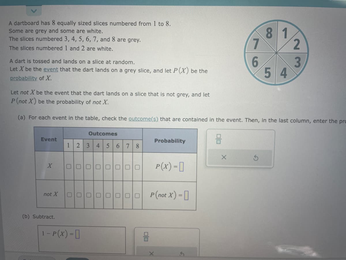 A dartboard has 8 equally sized slices numbered from 1 to 8.
Some are grey and some are white.
The slices numbered 3, 4, 5, 6, 7, and 8 are grey.
The slices numbered 1 and 2 are white.
A dart is tossed and lands on a slice at random.
Let X be the event that the dart lands on a grey slice, and let P(X) be the
probability of X.
Event
X
not X
(b) Subtract.
Let not X be the event that the dart lands on a slice that is not grey, and let
P (not X) be the probability of not X.
(a) For each event in the table, check the outcome(s) that are contained in the event. Then, in the last column, enter the pro
Outcomes
1 2 3 4 5 6 7 8
000
1- P(x) = 0
0000
00000
00
00
Probability
P(X) =
P (not X) =
5
7
X
6
81
54
2
3