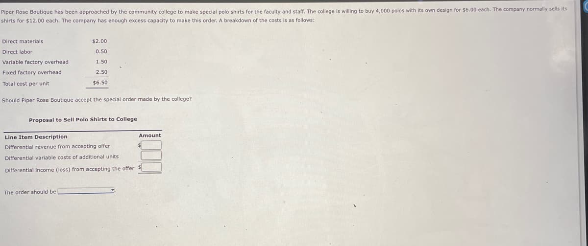 Piper Rose Boutique has been approached by the community college to make special polo shirts for the faculty and staff. The college is willing to buy 4,000 polos with its own design for $6.00 each. The company normally sells its
shirts for $12.00 each. The company has enough excess capacity to make this order. A breakdown of the costs is as follows:
Direct materials
Direct labor
Variable factory overhead
Fixed factory overhead
Total cost per unit
$2.00
0.50
1.50
2.50
$6.50
Should Piper Rose Boutique accept the special order made by the college?
Proposal to Sell Polo Shirts to College
The order should be
Line Item Description
Differential revenue from accepting offer
Differential variable costs of additional units
Differential income (loss) from accepting the offer $
Amount