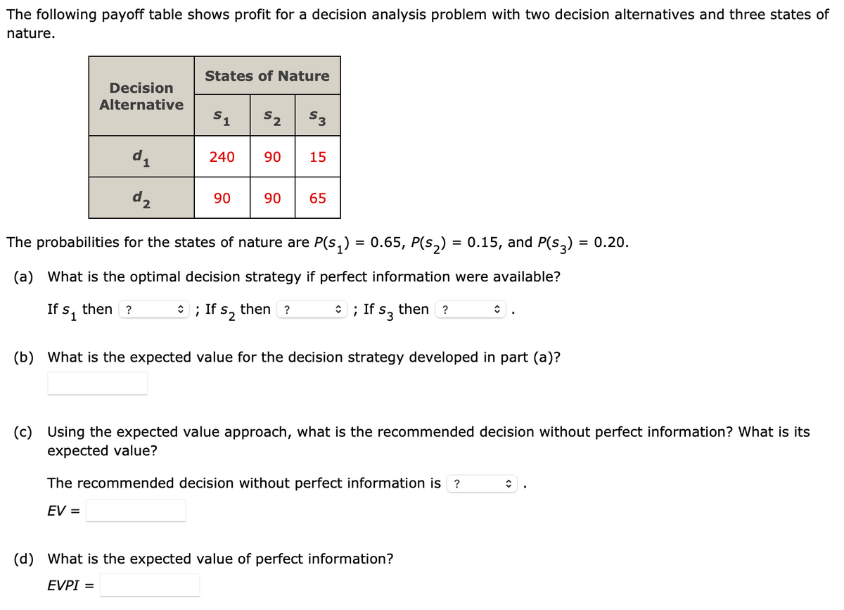 The following payoff table shows profit for a decision analysis problem with two decision alternatives and three states of
nature.
Decision
Alternative
If S1
d₁
d₂
States of Nature
then ?
$1
240
90
90 15
The probabilities for the states of nature are P(S₁) = 0.65, P(s₂) = 0.15, and P(s3) = 0.20.
(a) What is the optimal decision strategy if perfect information were available?
; If S₂ then ?
90 65
; If S3
then ?
(b) What is the expected value for the decision strategy developed in part (a)?
î
(c) Using the expected value approach, what is the recommended decision without perfect information? What is its
expected value?
The recommended decision without perfect information is ?
EV =
(d) What is the expected value of perfect information?
EVPI =
î