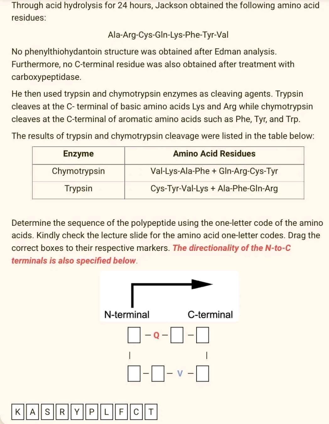 Through acid hydrolysis for 24 hours, Jackson obtained the following amino acid
residues:
Ala-Arg-Cys-Gln-Lys-Phe-Tyr-Val
No phenylthiohydantoin structure was obtained after Edman analysis.
Furthermore, no C-terminal residue was also obtained after treatment with
carboxypeptidase.
He then used trypsin and chymotrypsin enzymes as cleaving agents. Trypsin
cleaves at the C-terminal of basic amino acids Lys and Arg while chymotrypsin
cleaves at the C-terminal of aromatic amino acids such as Phe, Tyr, and Trp.
The results of trypsin and chymotrypsin cleavage were listed in the table below:
Enzyme
Amino Acid Residues
Chymotrypsin
Trypsin
Determine the sequence of the polypeptide using the one-letter code of the amino
acids. Kindly check the lecture slide for the amino acid one-letter codes. Drag the
correct boxes to their respective markers. The directionality of the N-to-C
terminals is also specified below.
N-terminal
Val-Lys-Ala-Phe + Gln-Arg-Cys-Tyr
Cys-Tyr-Val-Lys + Ala-Phe-Gln-Arg
I
0-⁰-0-0
KA|SR|YP|LF|CT
C-terminal
V
1