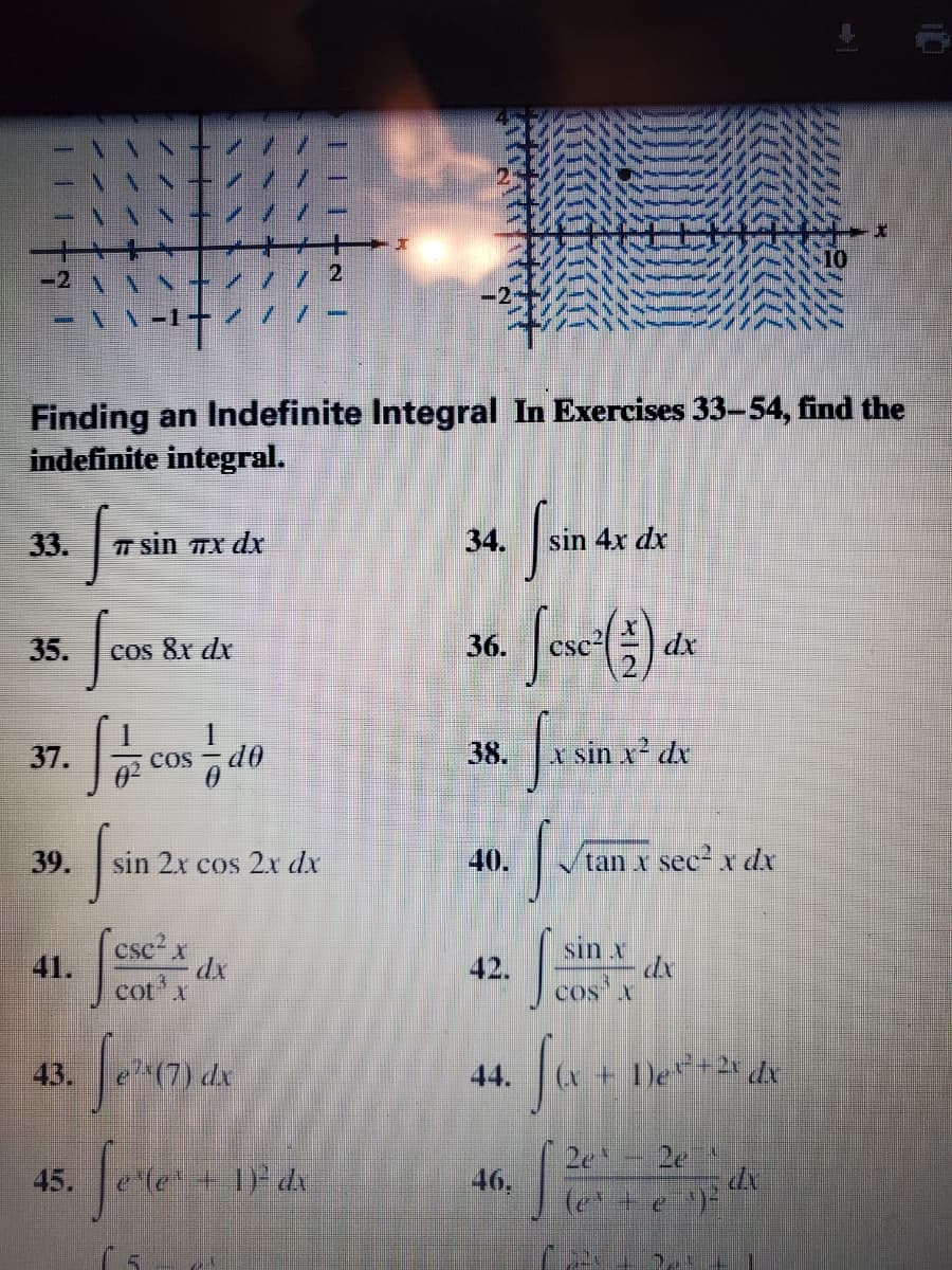 Finding an Indefinite Integral In Exercises 33-54, find the
indefinite integral.
33.
T sin mx dxr
34.
sin 4x dx
35.
cos &x dx
36.
dx
37.
COS
d0
38.
39.
sin 2x cos 2x dx
40.
tan x sec- x dx
cse² x
cot x
sin x
41.
dx
42.
cos x
43.
De+2 dx
44.
2e
45.
1 da
46,
(e +e
