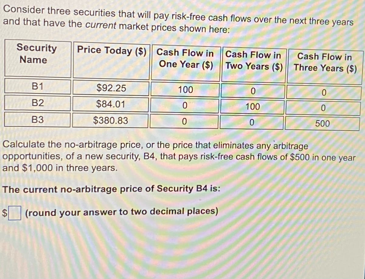 Consider three securities that will pay risk-free cash flows over the next three years
and that have the current market prices shown here:
Security
Price Today ($) || Cash Flow in
Cash Flow in
Cash Flow in
Name
One Year ($) Two Years ($) Three Years ($)
В1
$92.25
100
B2
$84.01
100
0.
B3
$380.83
0.
500
Calculate the no-arbitrage price, or the price that eliminates any arbitrage
opportunities, of a new security, B4, that pays risk-free cash flows of $500 in one year
and $1,000 in three years.
The current no-arbitrage price of Security B4 is:
(round your answer to two decimal places)
