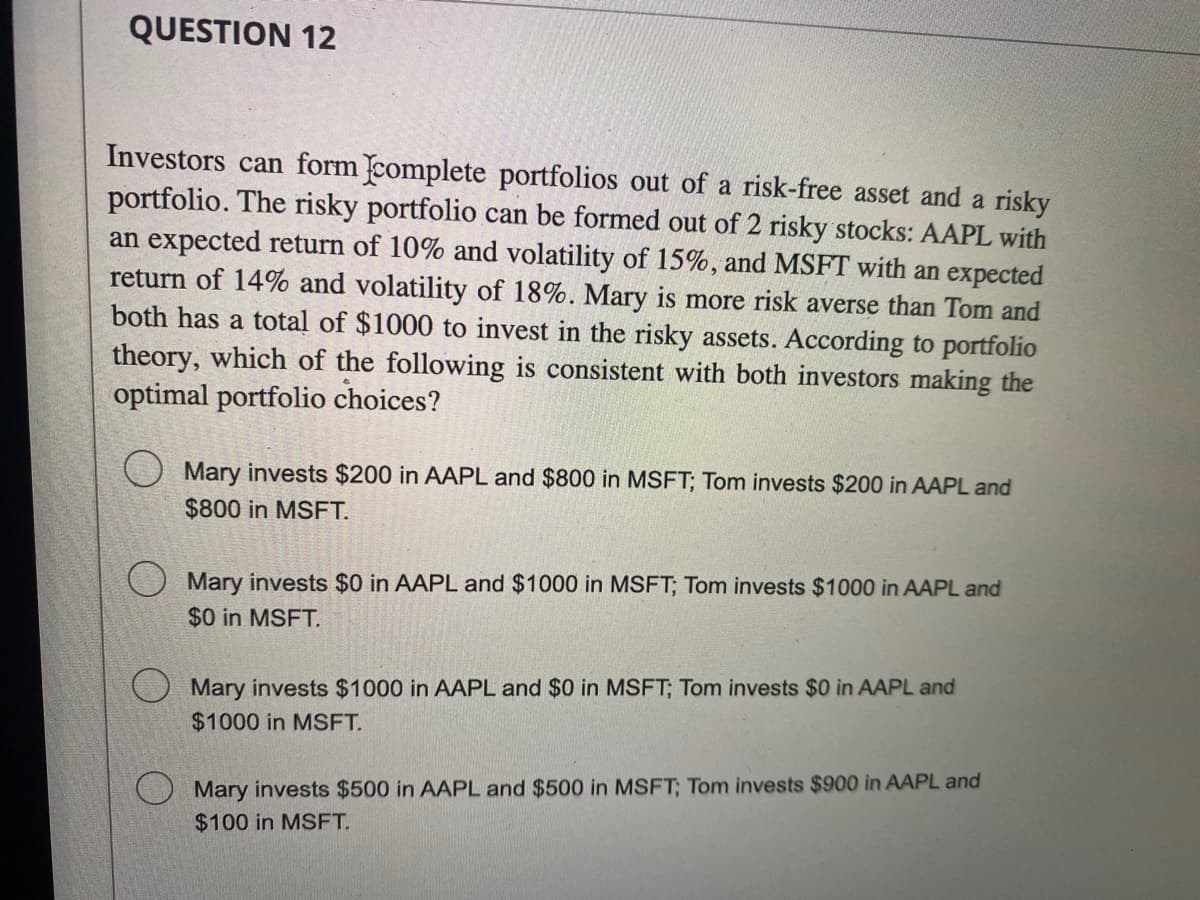 QUESTION 12
Investors can form complete portfolios out of a risk-free asset and a risky
portfolio. The risky portfolio can be formed out of 2 risky stocks: AAPL with
an expected return of 10% and volatility of 15%, and MSFT with an expected
return of 14% and volatility of 18%. Mary is more risk averse than Tom and
both has a total of $1000 to invest in the risky assets. According to portfolio
theory, which of the following is consistent with both investors making the
optimal portfolio choices?
Mary invests $200 in AAPL and $800 in MSFT; Tom invests $200 in AAPL and
$800 in MSFT.
Mary invests $0 in AAPL and $1000 in MSFT; Tom invests $1000 in AAPL and
$0 in MSFT.
Mary invests $1000 in AAPL and $0 in MSFT; Tom invests $0 in AAPL and
$1000 in MSFT.
Mary invests $500 in AAPL and $500 in MSFT; Tom invests $900 in AAPL and
$100 in MSFT.