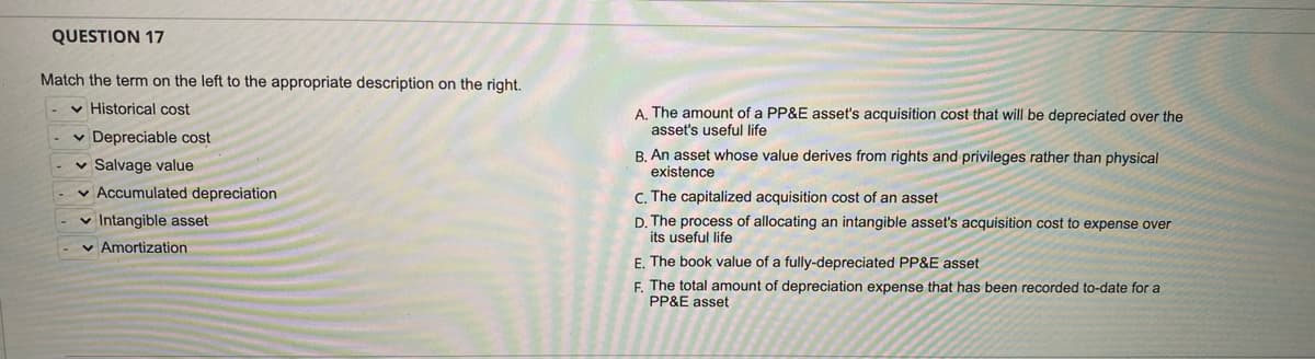 QUESTION 17
Match the term on the left to the appropriate description on the right.
v Historical cost
A. The amount of a PP&E asset's acquisition cost that will be depreciated over the
asset's useful life
v Depreciable cost
B. An asset whose value derives from rights and privileges rather than physical
existence
v Salvage value
v Accumulated depreciation
C. The capitalized acquisition cost of an asset
v Intangible asset
v Amortization
D. The process of allocating an intangible asset's acquisition cost to expense over
its useful life
E. The book value of a fully-depreciated PP&E asset
F. The total amount of depreciation expense that has been recorded to-date for a
PP&E asset
