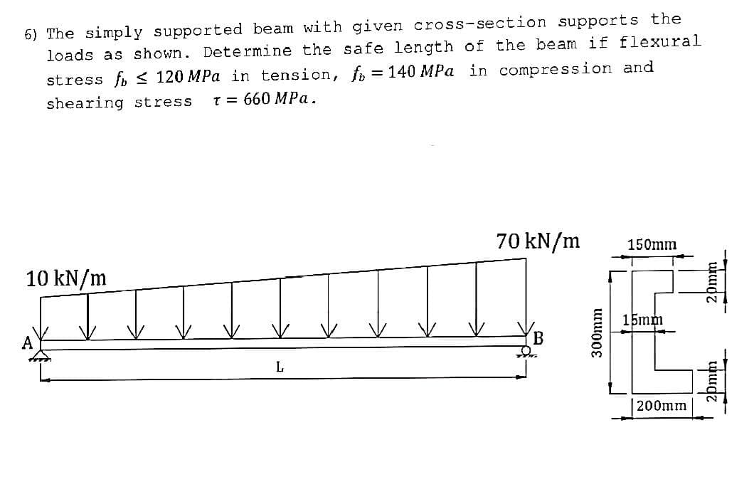 6) The simply supported beam with given cross-section supports the
loads as shown. Determine the safe length of the beam if flexural
stress f≤ 120 MPa in tension, fo = 140 MPa in compression and
shearing stress t = 660 MPa.
10 kN/m
L
70 kN/m
300mm
150mm
15mm
200mm