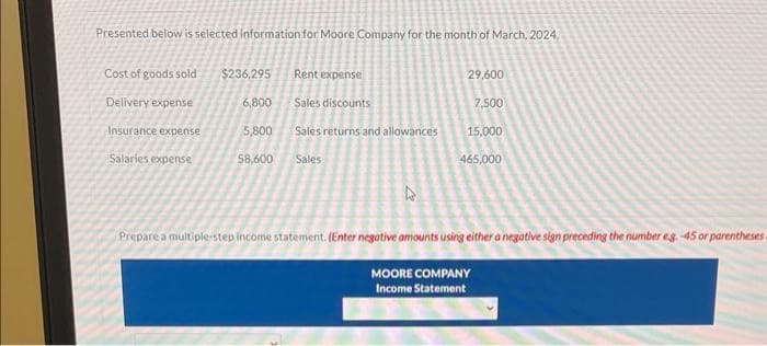 Presented below is selected information for Moore Company for the month of March, 2024.
Cost of goods sold
Delivery expense
Insurance expense
Salaries expense
$236,295
6,800
5,800
58,600
Rent expense
Sales discounts
Sales returns and allowances
Sales
A
29,600
7,500
15,000
465,000
Prepare a multiple-step income statement. (Enter negative amounts using either a negative sign preceding the number eg.-45 or parentheses
MOORE COMPANY
Income Statement