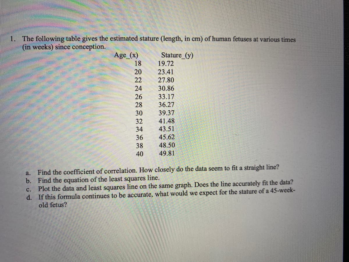 1. The following table gives the estimated stature (length, in cm) of human fetuses at various times
(in weeks) since conception.
Age_(x)
a.
b.
18
20
22
24
26
28
30
32
34
36
38
40
Stature_(y)
19.72
23.41
27.80
30.86
33.17
36.27
39.37
41.48
43.51
45.62
48.50
49.81
Find the coefficient of correlation. How closely do the data seem to fit a straight line?
Find the equation of the least squares line.
C.
Plot the data and least squares line on the same graph. Does the line accurately fit the data?
d. If this formula continues to be accurate, what would we expect for the stature of a 45-week-
old fetus?